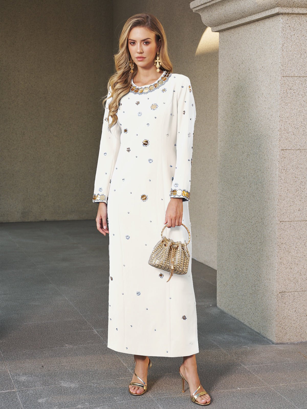 Jewel-Beaded Gold-Trim Dress