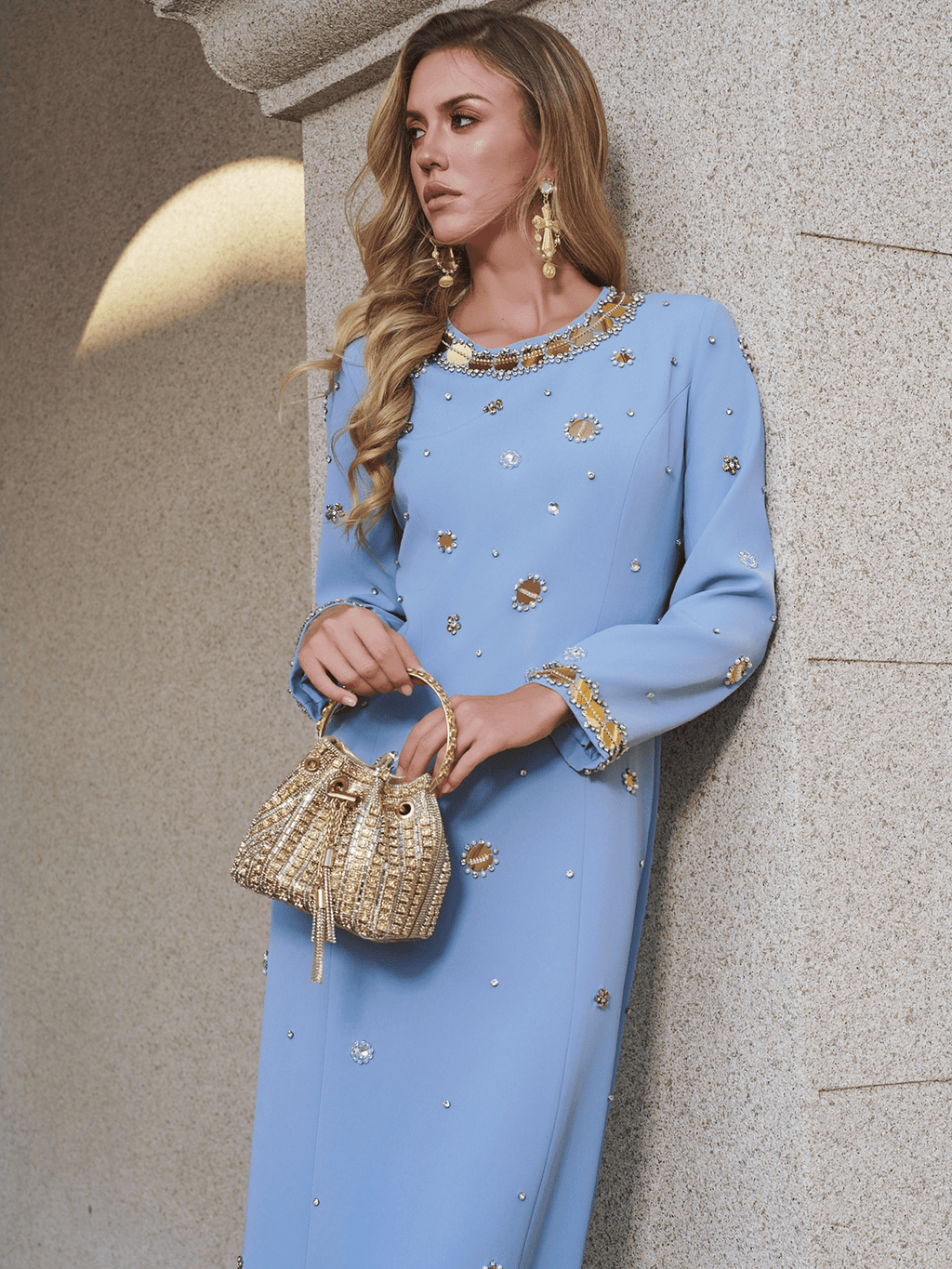 Jewel-Beaded Gold-Trim Dress