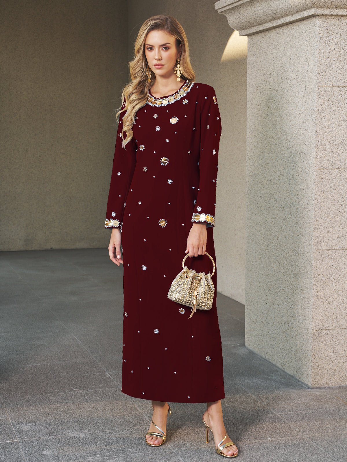 Jewel-Beaded Gold-Trim Dress