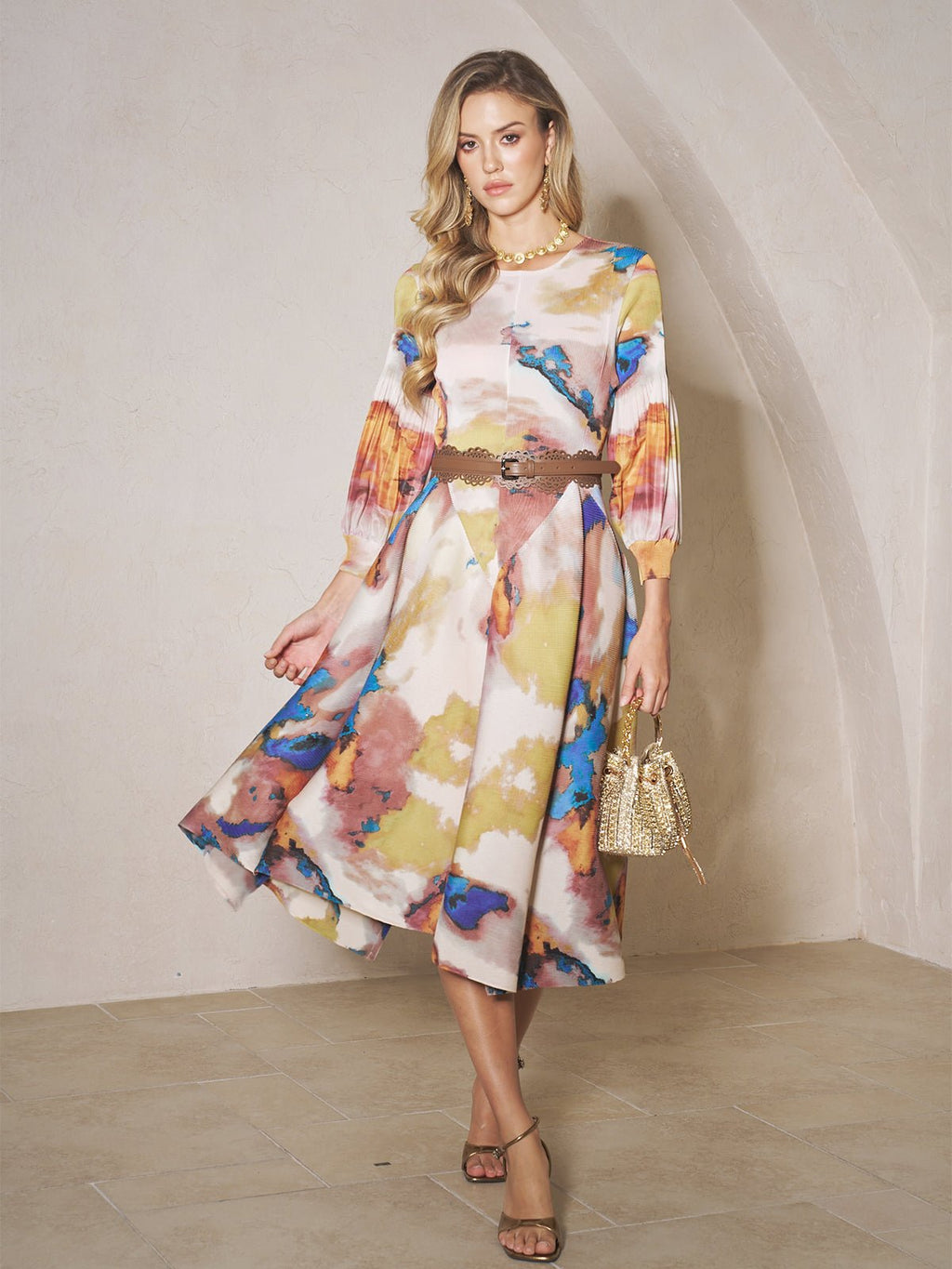 Pleated Wave Hem Art Print Dress