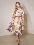 Pleated Wave Hem Art Print Dress