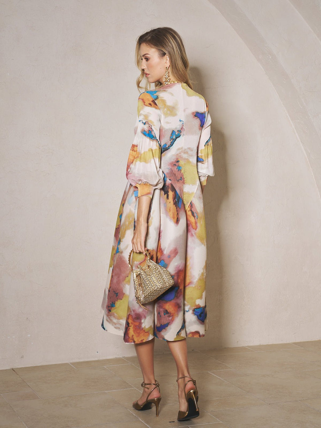 Pleated Wave Hem Art Print Dress
