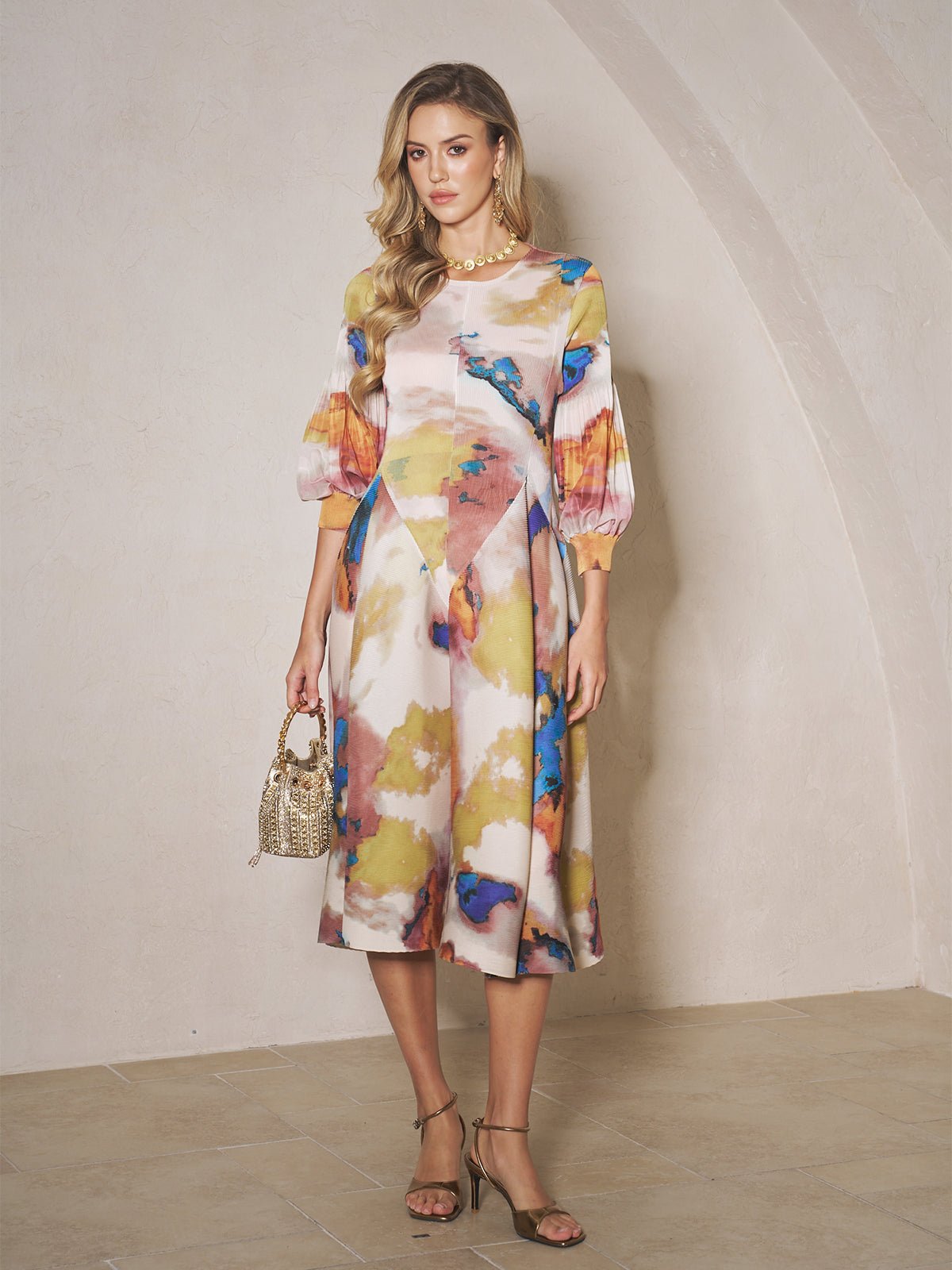 Pleated Wave Hem Art Print Dress