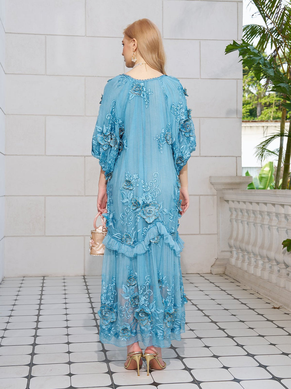 Rose Appliqué 100% Mulberry Silk Dress