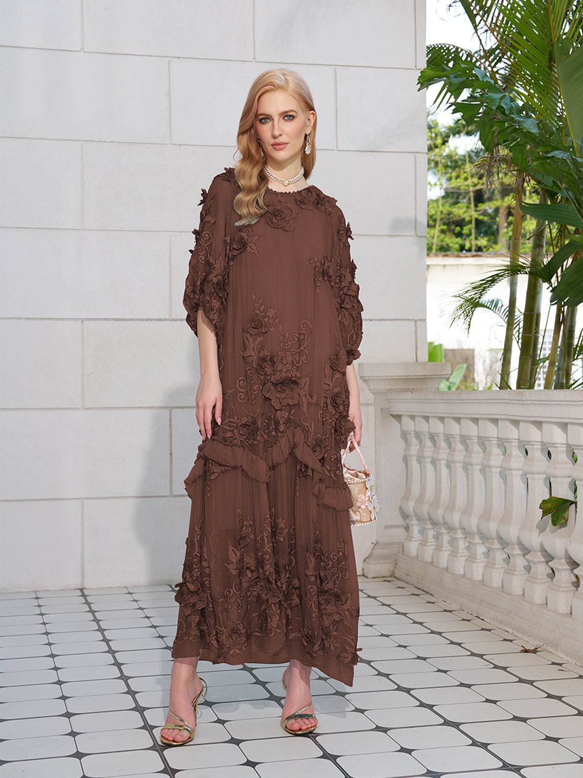 Rose Appliqué 100% Mulberry Silk Dress