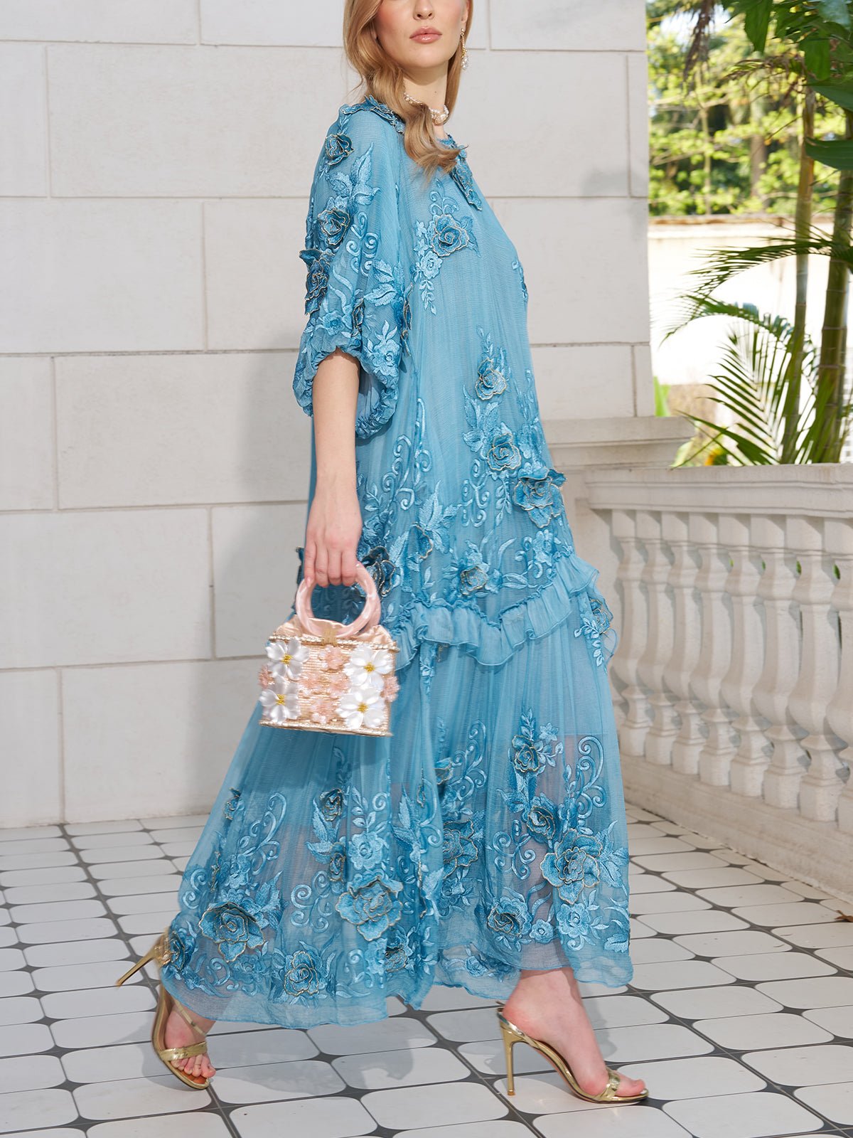 Rose Appliqué 100% Mulberry Silk Dress