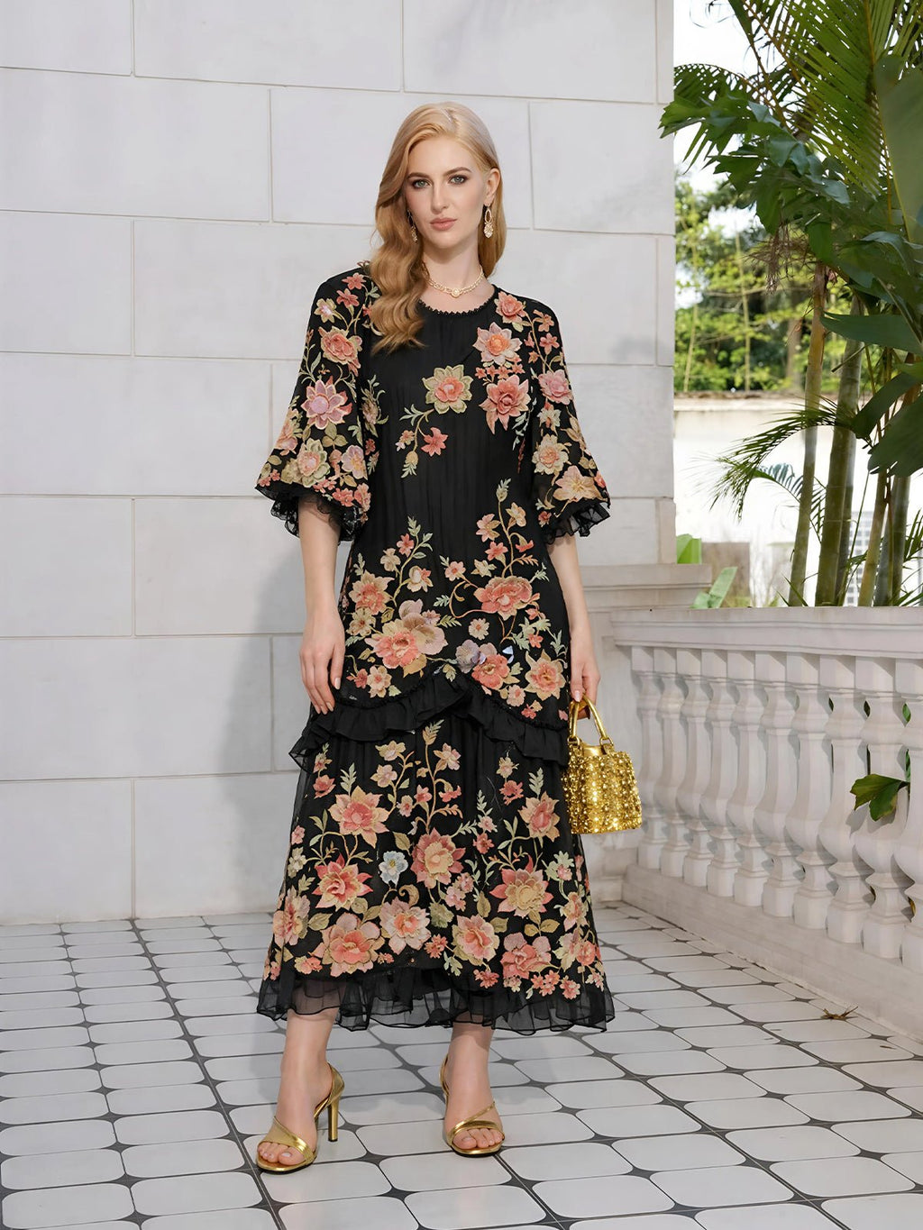 Rose Appliqué 100% Mulberry Silk Dress