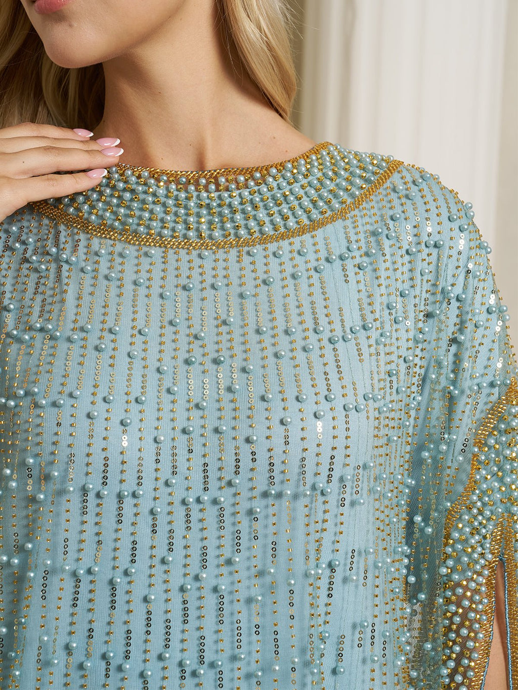 Vertical Beaded Double-Layer Caftan Dress