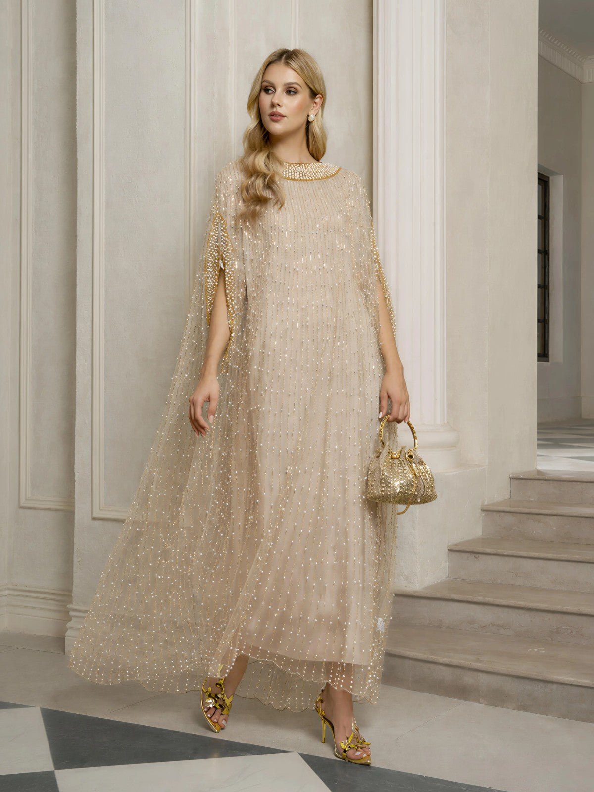 Vertical Beaded Double-Layer Caftan Dress