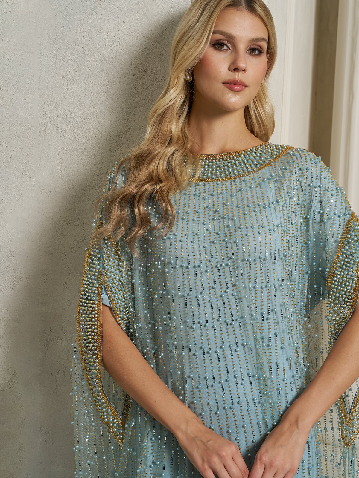 Vertical Beaded Double-Layer Caftan Dress