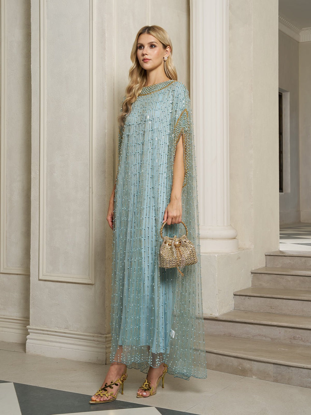 Vertical Beaded Double-Layer Caftan Dress