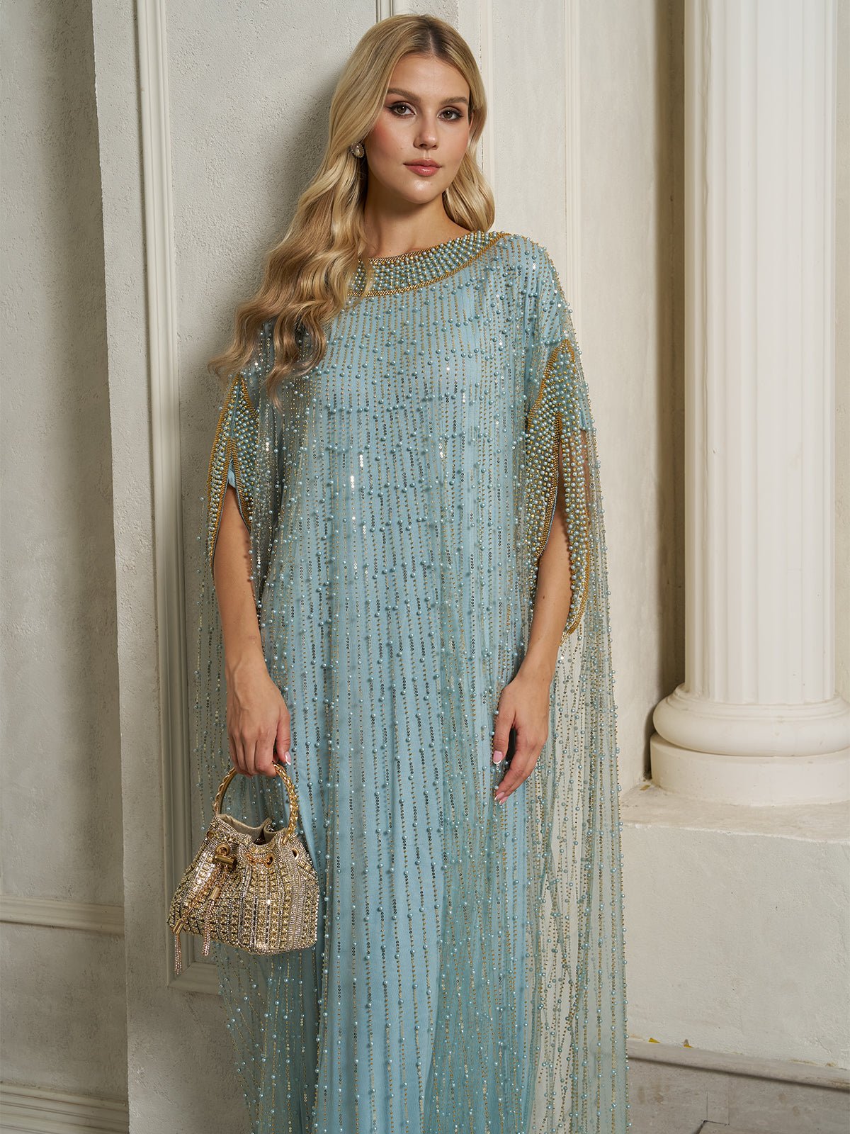 Vertical Beaded Double-Layer Caftan Dress