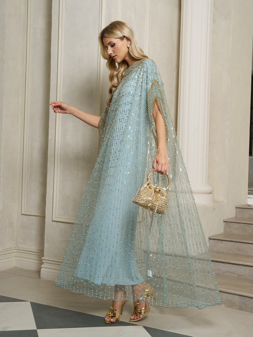 Vertical Beaded Double-Layer Caftan Dress