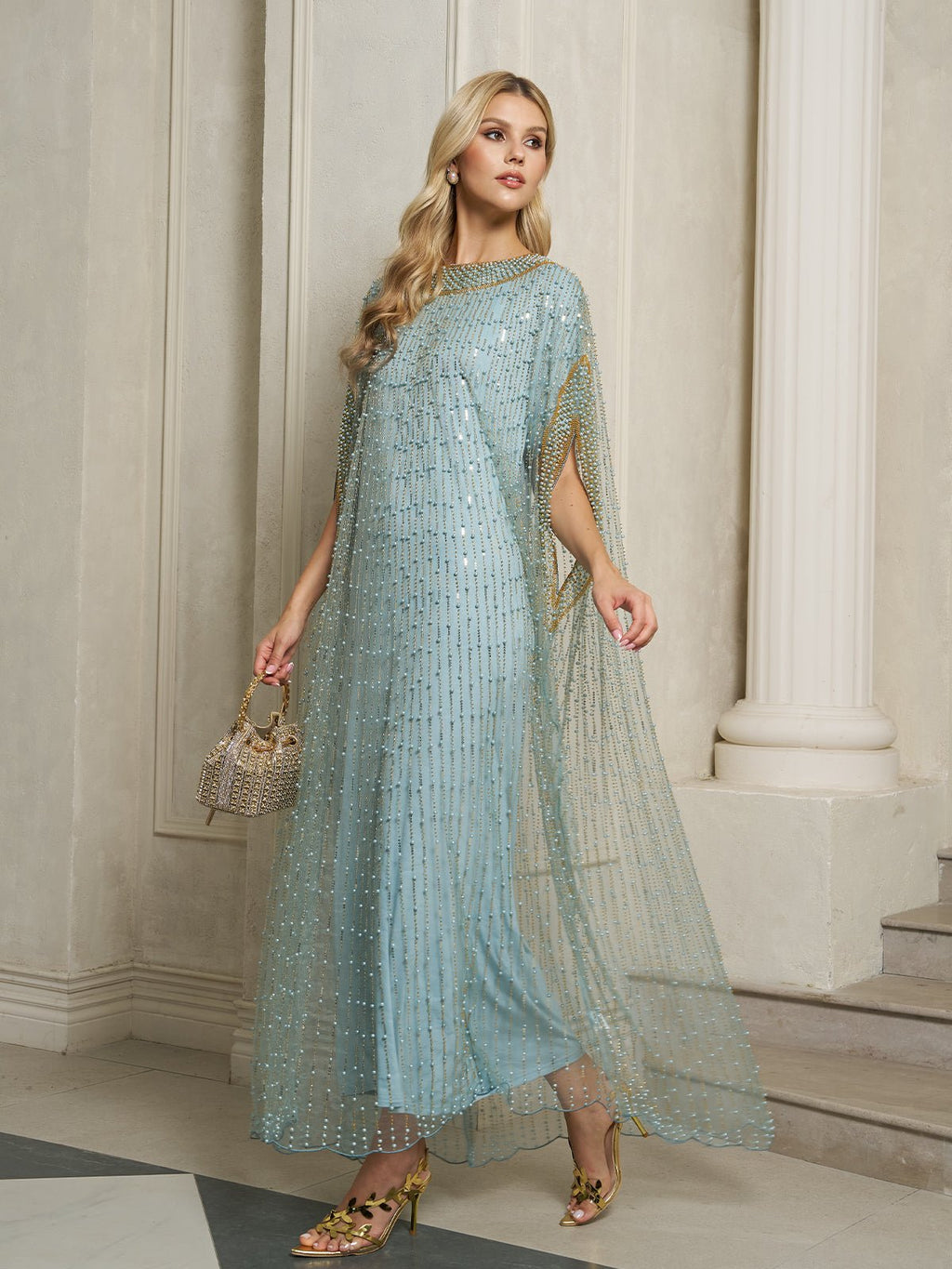 Vertical Beaded Double-Layer Caftan Dress