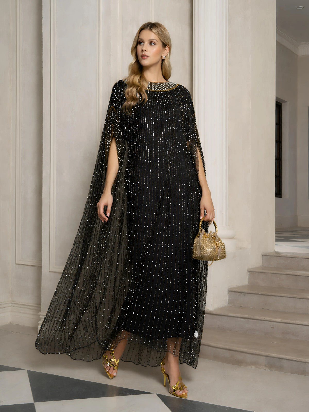 Vertical Beaded Double-Layer Caftan Dress